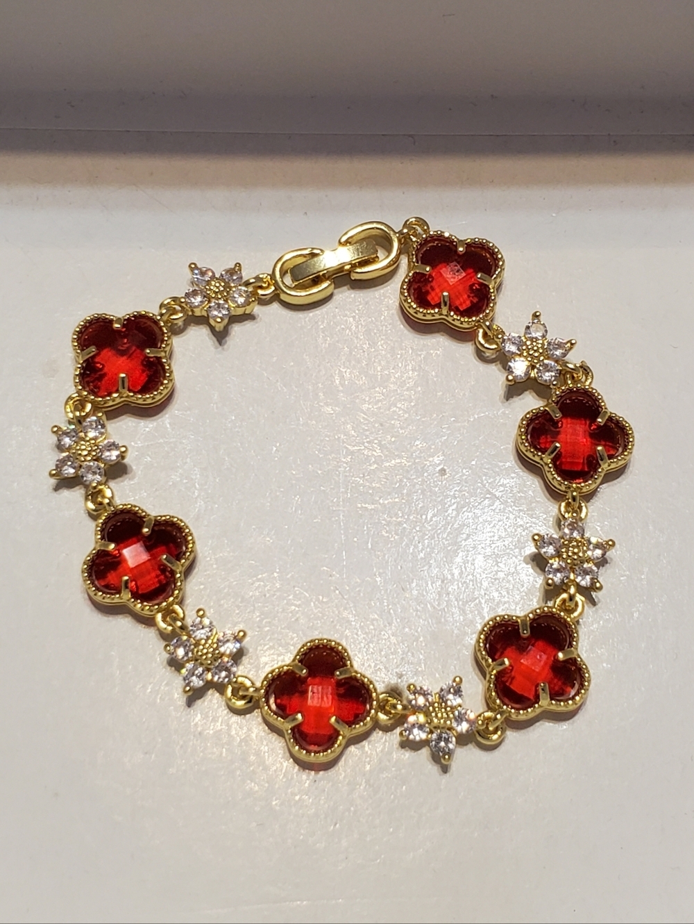 Gold Tone Bracelet with Red Four Leaf Clover CZ Bracelet Women's Jewelry